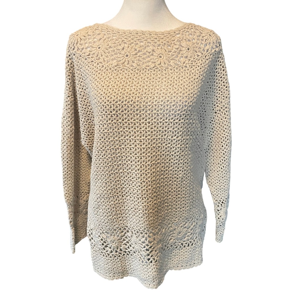 Silk Exchange Women Floral Silk Blend Boho Coastal Grandma Crochet Sweater Large